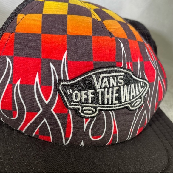 Vans “Off The Wall” Mens Snapback Hat Cap Flames Checkered Adj. Trucker Plus Bag - Picture 11 of 16
